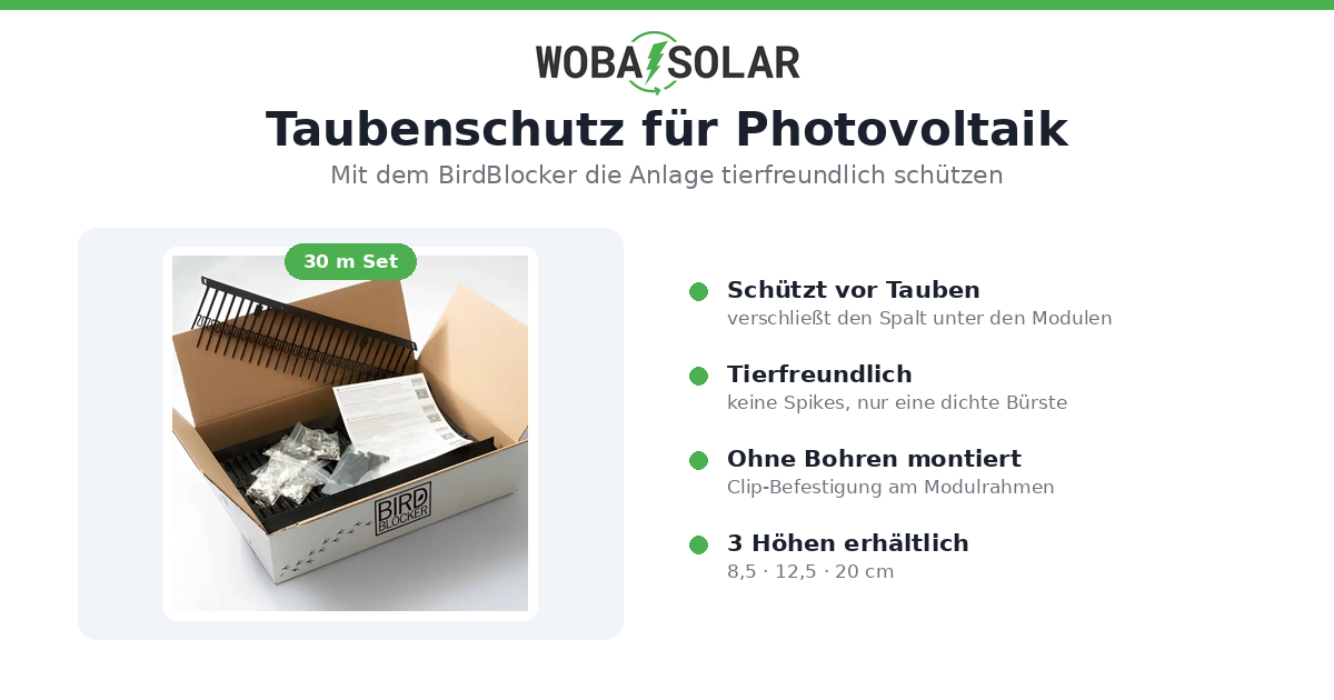 Taubenschutz für Photovoltaik mit dem BirdBlocker – tierfreundlicher Modulschutz im 30-Meter-Set