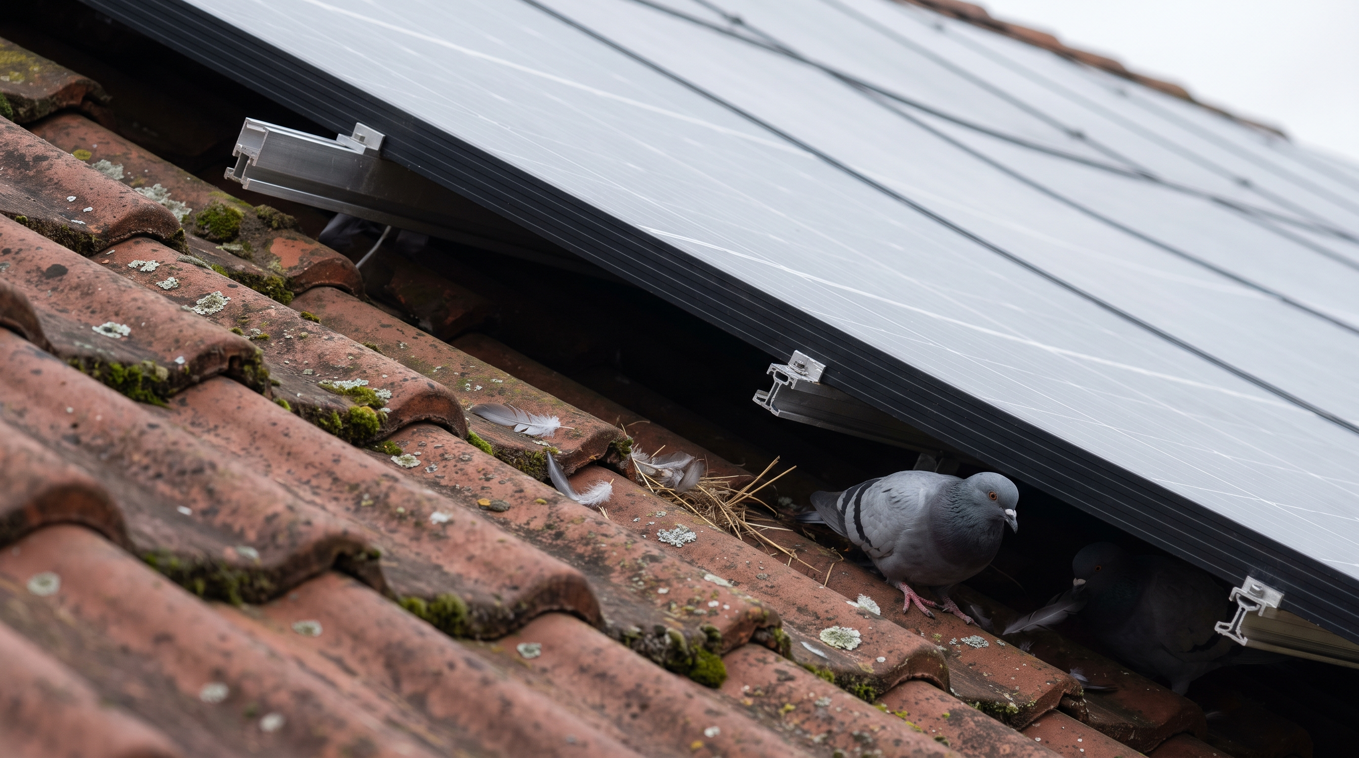Tauben sitzen am offenen Spalt zwischen Solarmodulen und Dachziegeln eines Ziegeldachs