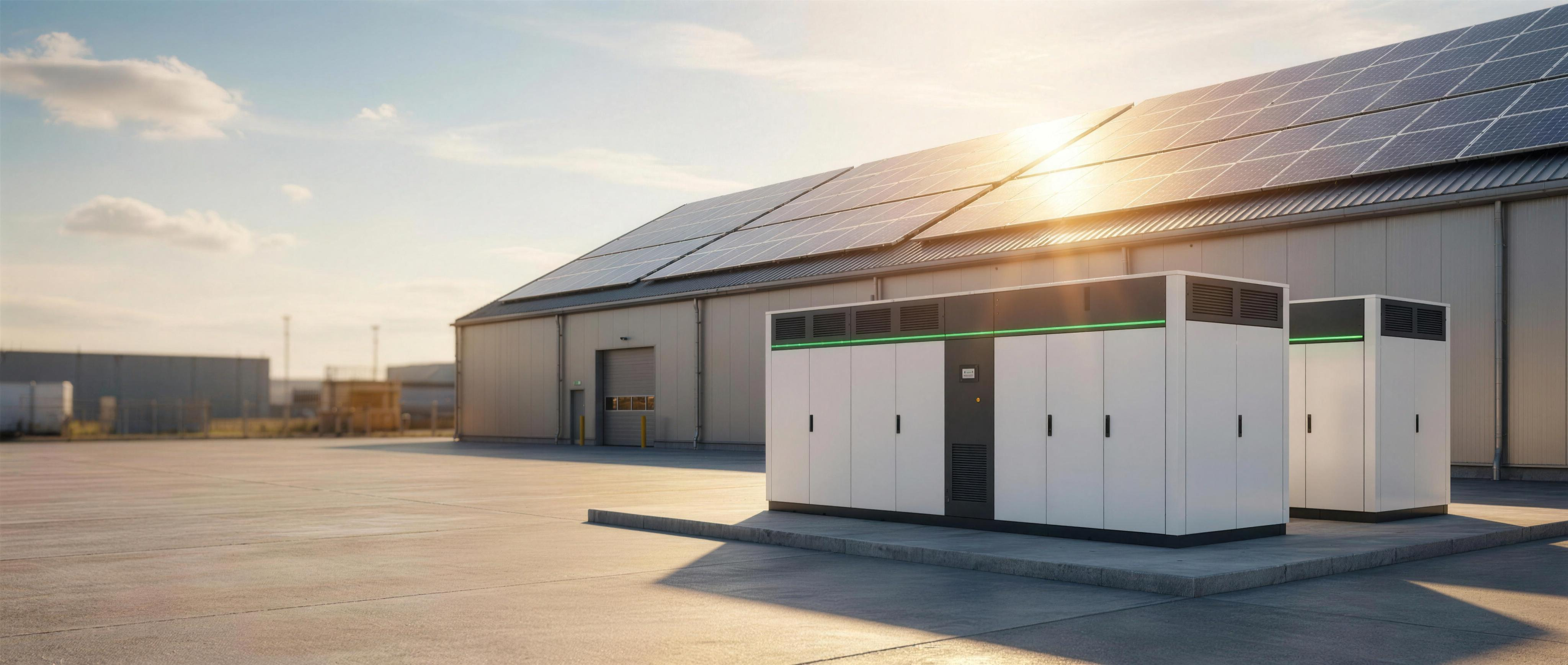 Gewerbespeicher – Batteriespeicher für Gewerbe und Industrie neben Industriehalle mit Photovoltaikanlage