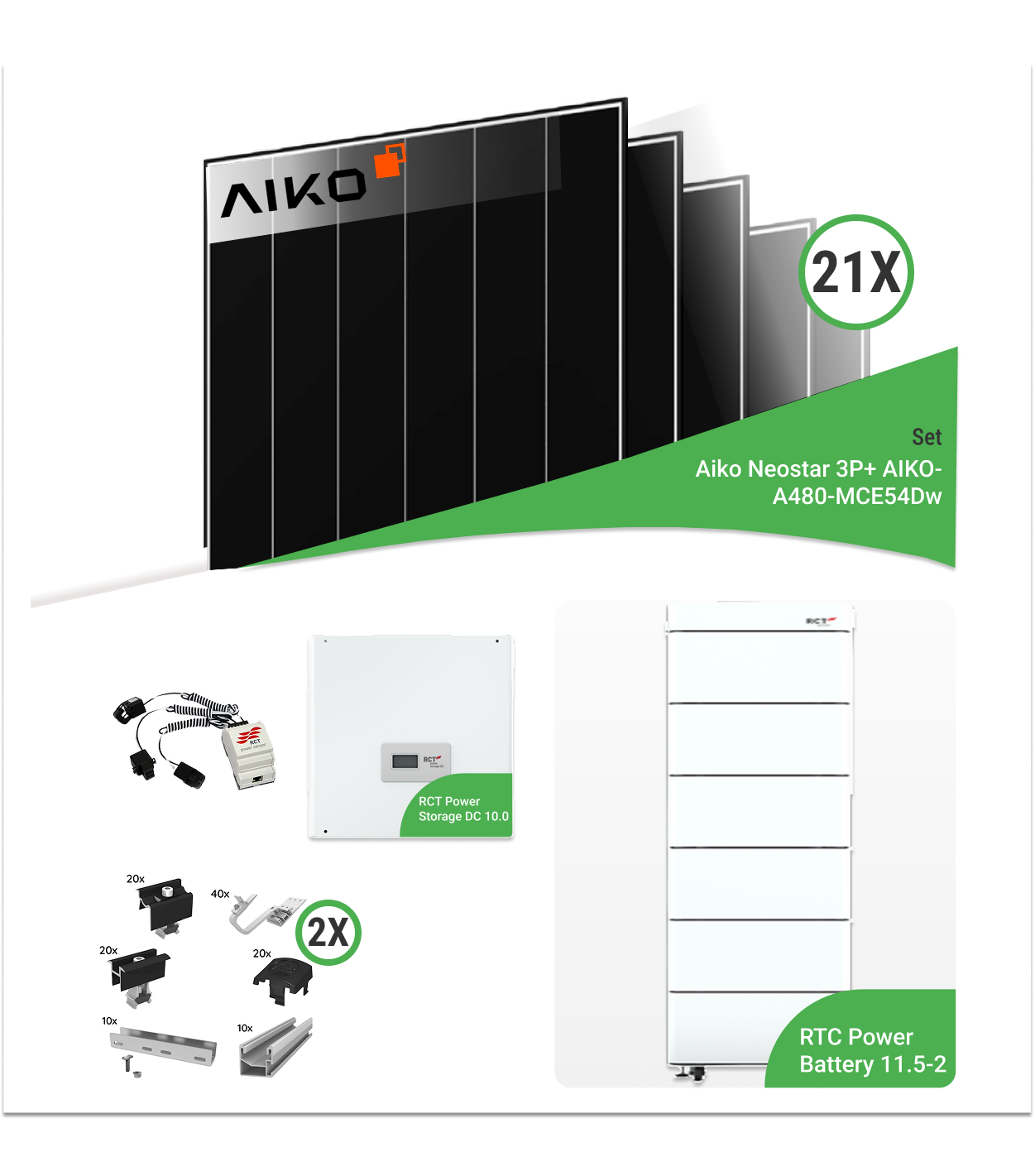 10,08 kWp PV-Komplettset mit 21x AIKO-A480-MCE54Dw Neostar 3P+ 480W Glas-Glas Modulen & RCT Power Storage 10.0 & RCT Power Battery 11.5-2 Speicher – inkl. Unterkonstruktion für Ziegeldächer