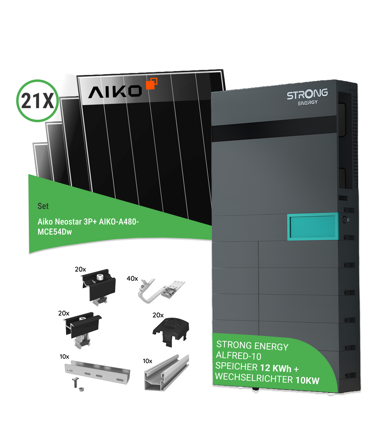 10,08 kWp PV-Komplettset mit 21x AIKO AIKO-A480-MCE54Dw Neostar 3P+ 480 W Glas/Glas Solarmodule & STRONG ENERGY ALFRED-10 - inkl. K2 Unterkonstruktion für Ziegeldächer