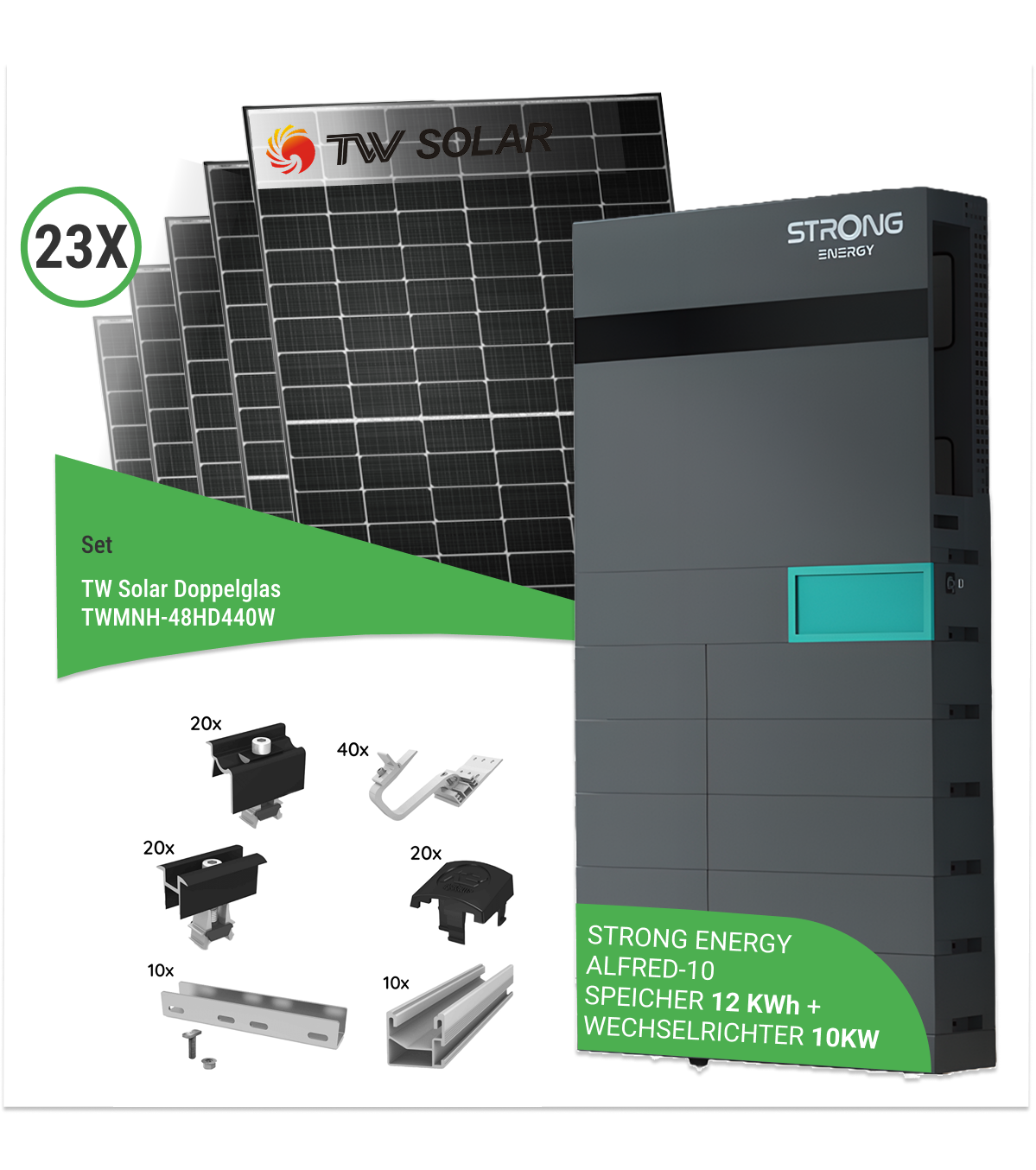 10,12 kWp PV-Komplettset mit 23x TW Solar TWMNH-48HD440W Doppelglas-Modulen & STRONG ENERGY ALFRED-10 Speicher (12 kWh) – inkl. K2 Unterkonstruktion für Ziegeldächer