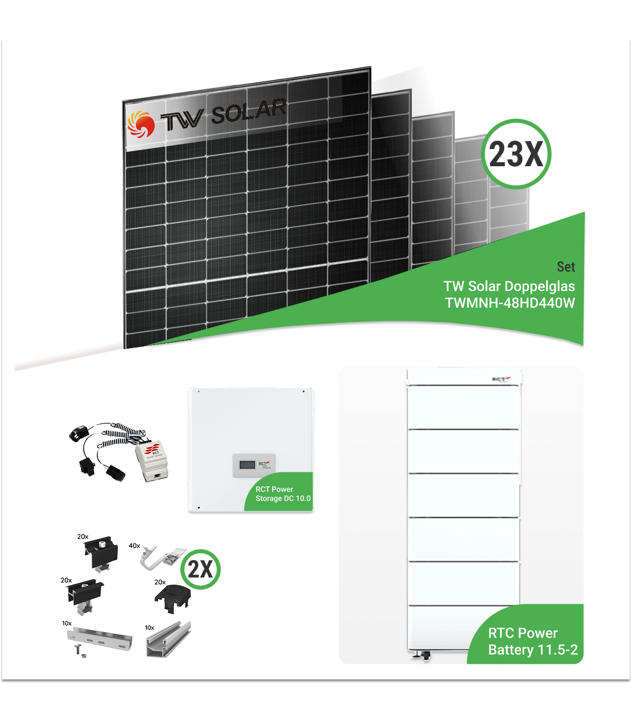 10,12 kWp PV-Komplettset mit 23x TW Solar TWMNH-48HD440W Doppelglasmodule & RCT Speicher – inkl. K2 Unterkonstruktion für Ziegeldächer