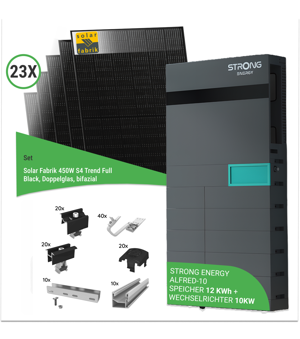 10,35 kWp PV-Komplettset mit 23x Solar Fabrik 450 W S4 Trend Full Black bifaziale Doppelglas-Module & STRONG ENERGY ALFRED-10 - inkl. K2 Unterkonstruktion für Ziegeldächer