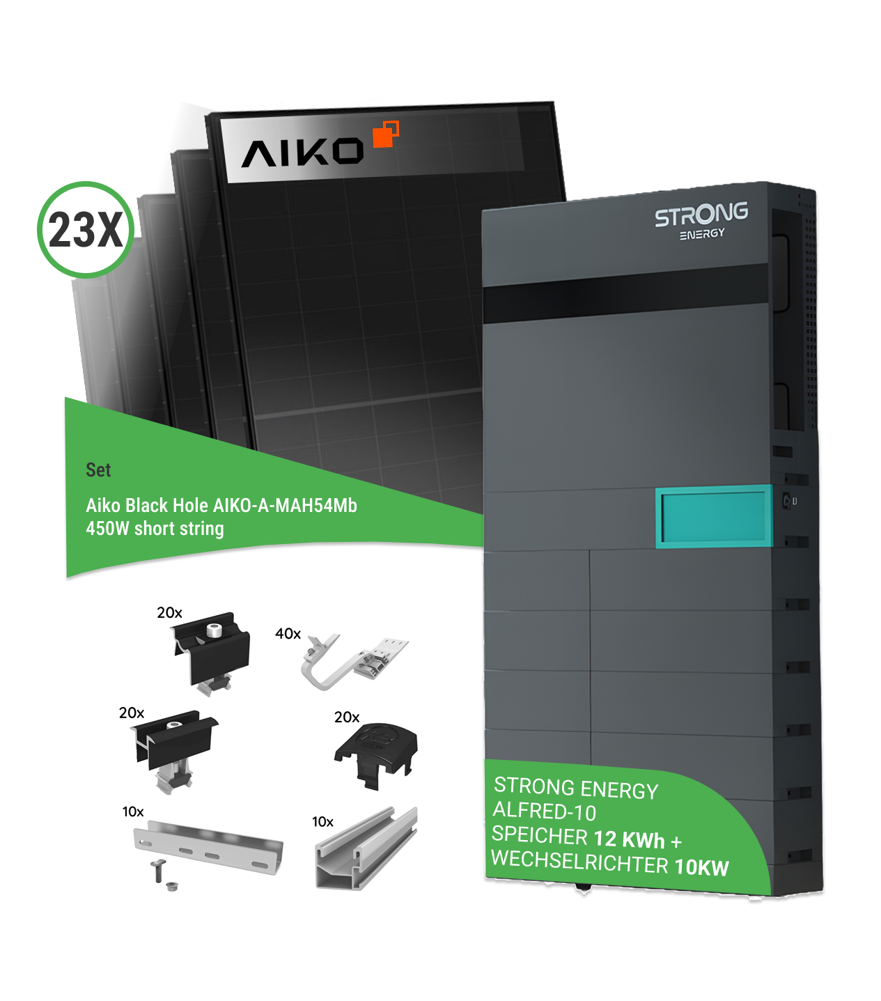 10,35 kWp PV-Komplettset mit 23x Aiko Black Hole AIKO-A-MAH54Mb 450W short string & STRONG ENERGY ALFRED-10 - inkl. K2 Unterkonstruktion für Ziegeldächer