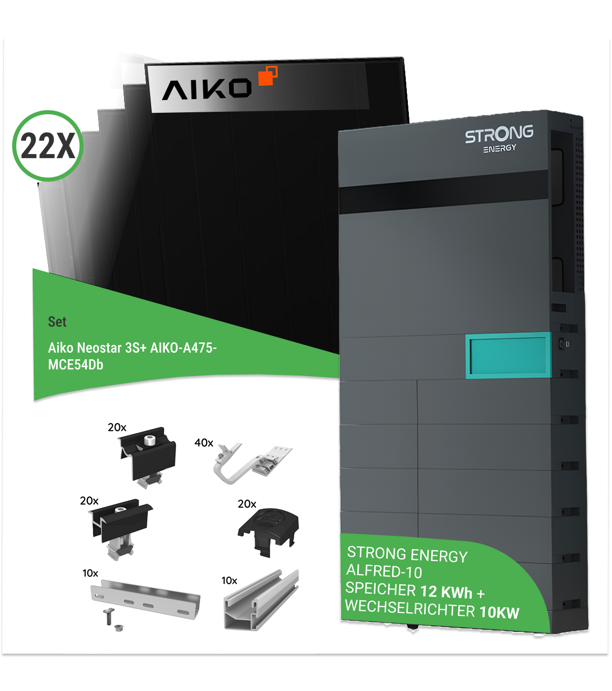 10,45 kWp PV-Komplettset mit 22x AIKO-A475-MCE54Db Neostar 3S+ 475 W Glas/Glas & STRONG ENERGY ALFRED-10 (12 kWh + 10 kW Wechselrichter) – inkl. K2 Unterkonstruktion für Ziegeldächer