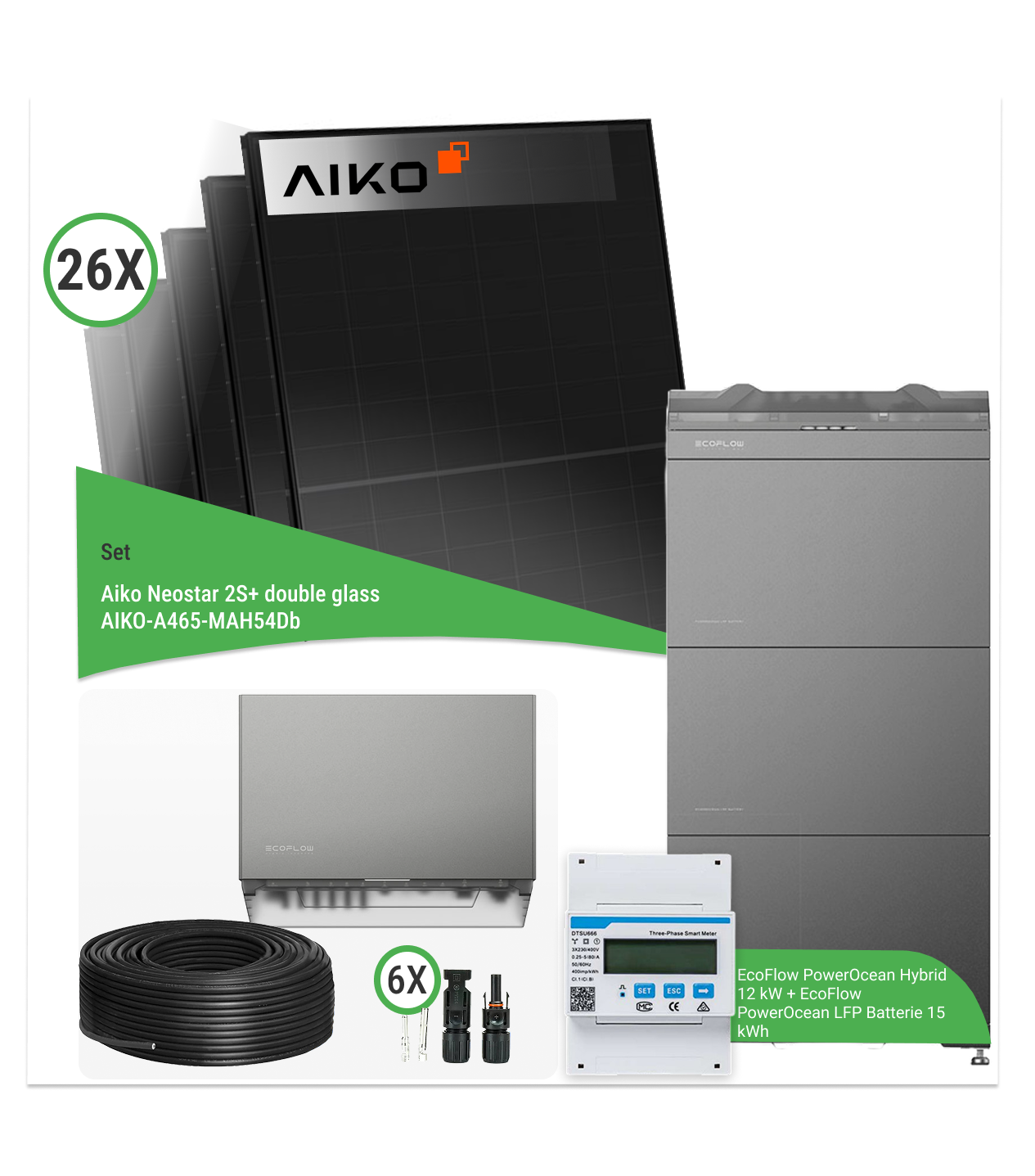 12 kWp Photovoltaik-Komplettset mit 26x AIKO Neostar 2S+ 465 W und EcoFlow PowerOcean Hybrid 12 kW mit 15 kWh Speicher