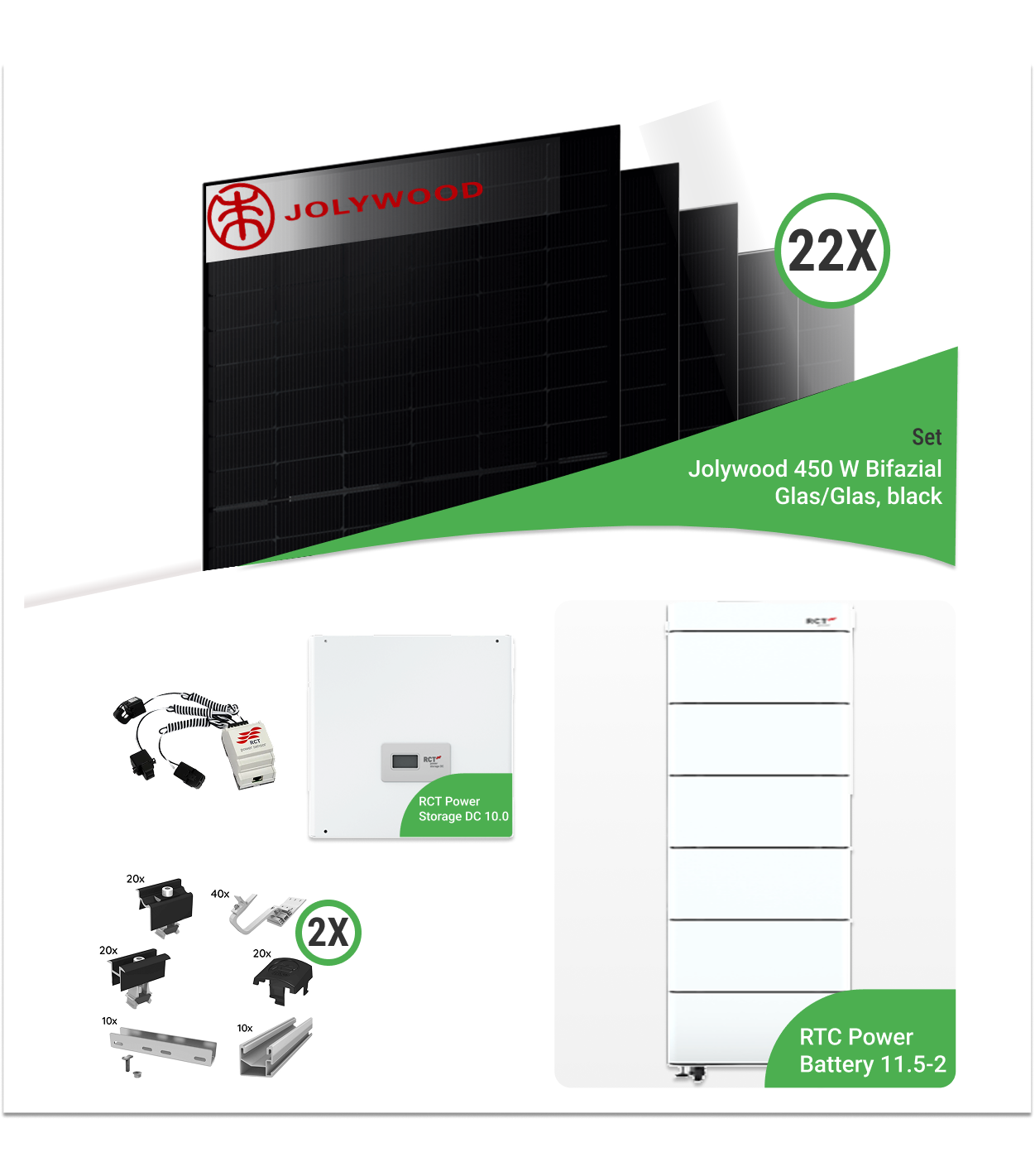 9,90 kWp PV-Komplettset mit 22x Jolywood 450 W Niwa Black R3 Bifazial Glas/Glas & RCT Speicher – inkl. K2 Unterkonstruktion für Ziegeldächer