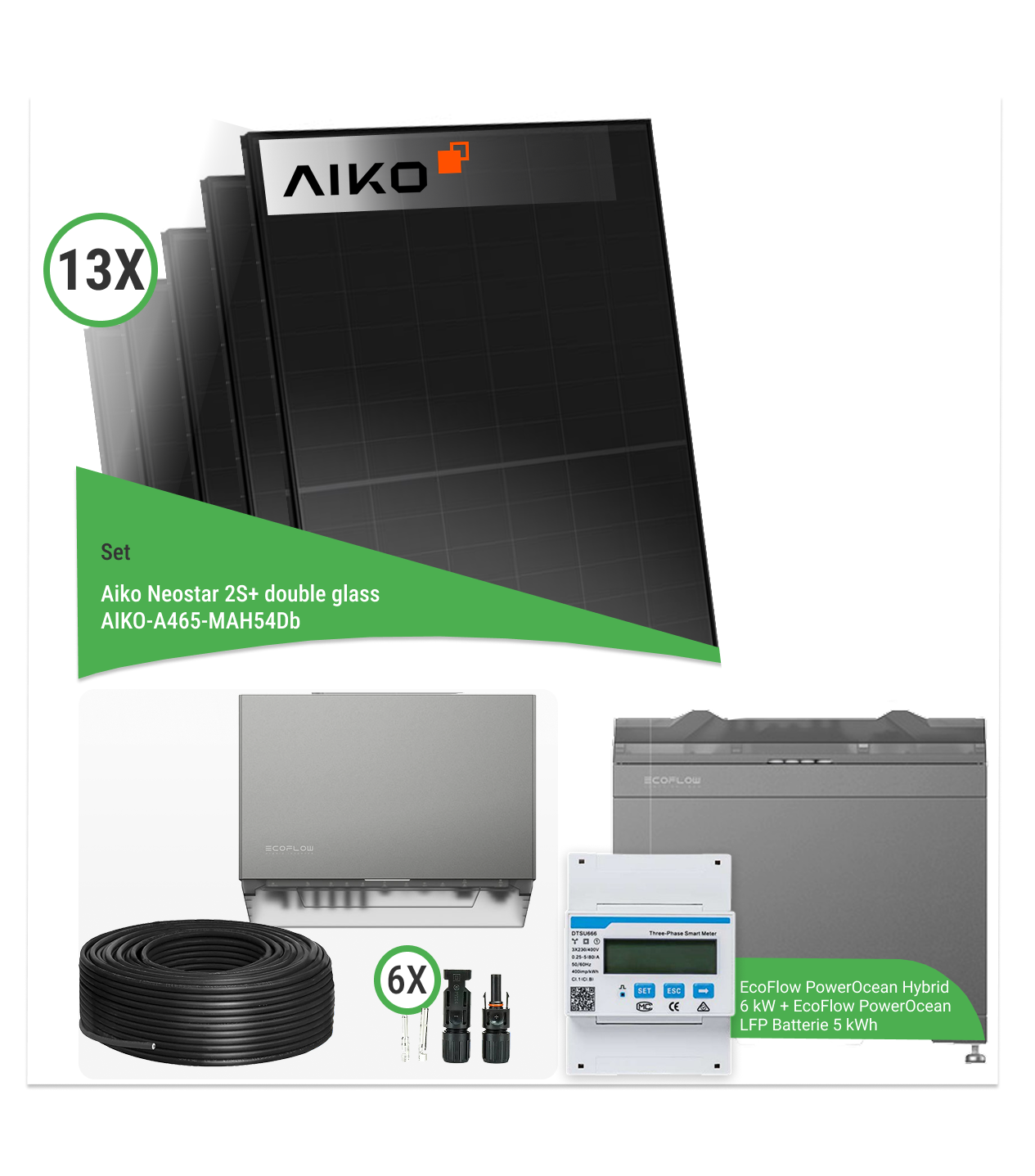 6 kWp Photovoltaik-Komplettset mit 13x AIKO Neostar 465 W Doppelglas & EcoFlow PowerOcean Hybrid 6 kW + 5 kWh Speicher