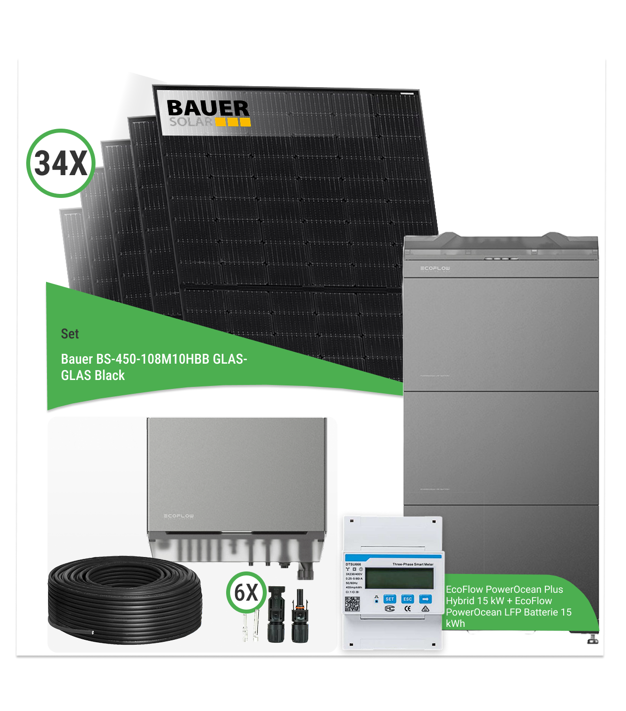 15,3 kWp PV-Komplettset mit 34x Bauer BS-450 Glas-Glas Modulen & EcoFlow PowerOcean Plus Hybrid 15 kW mit 15 kWh Speicher