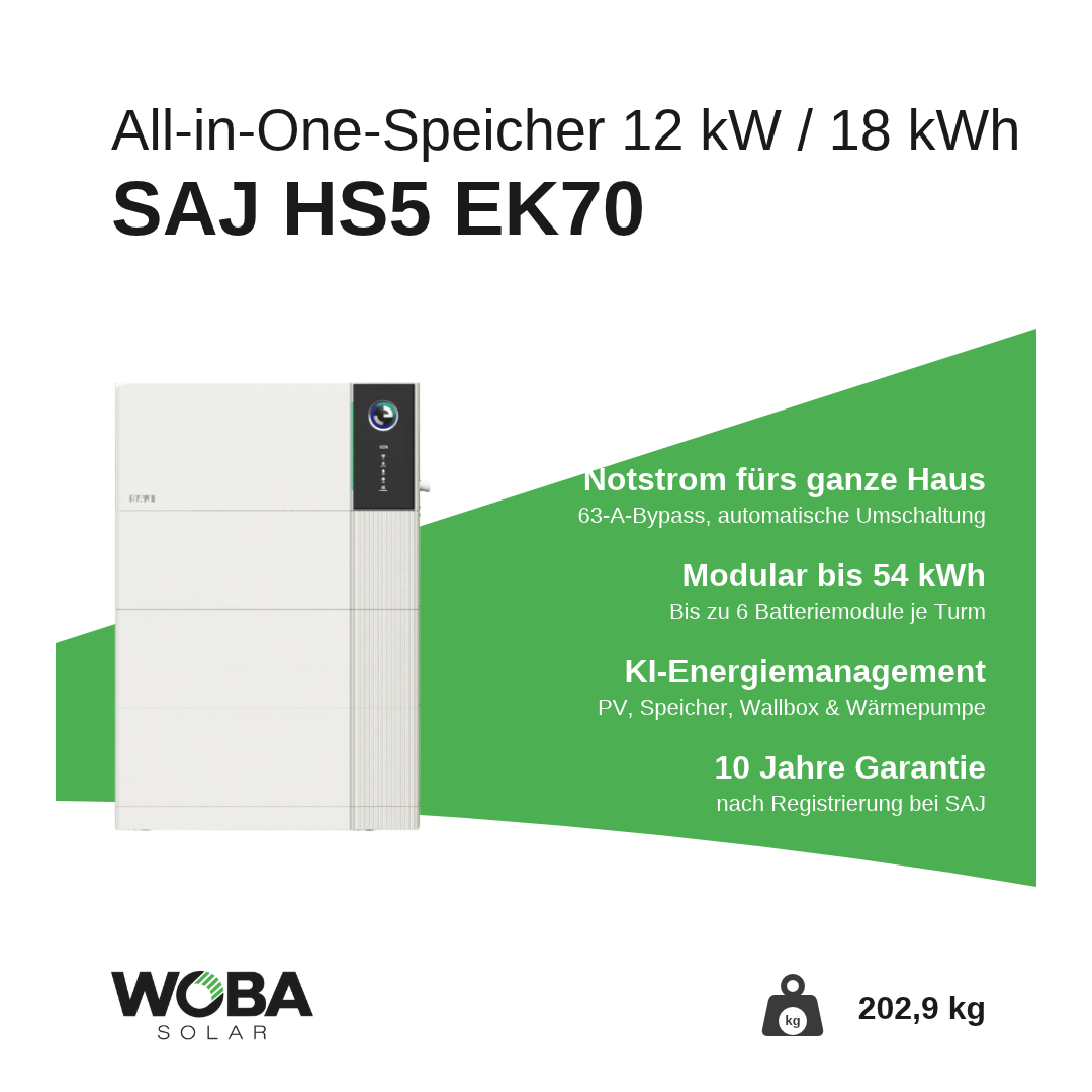 SAJ HS5 EK70 12 kW / 18 kWh – Vorteile: Notstrom, modular bis 54 kWh, KI-Energiemanagement, 10 Jahre Garantie