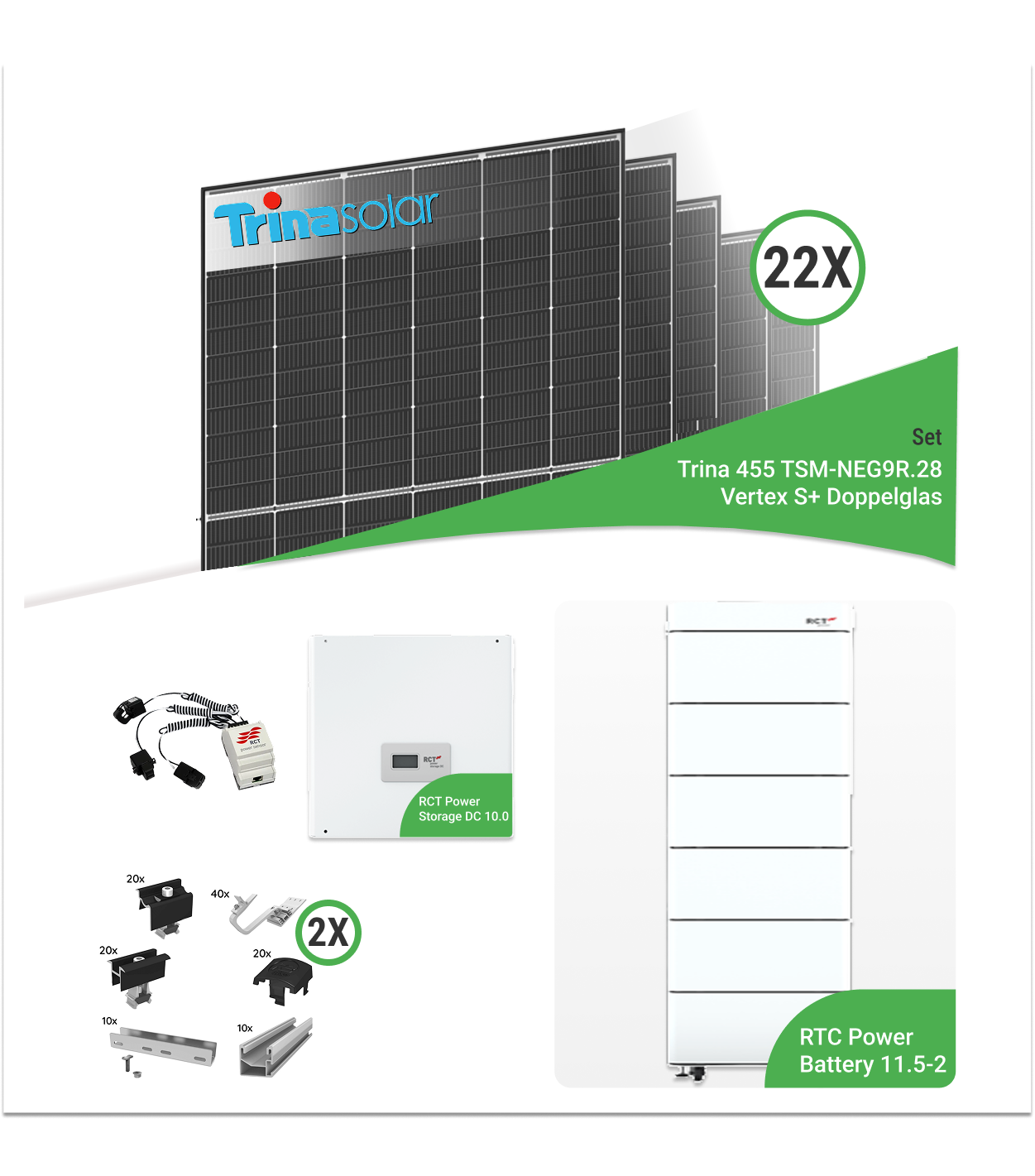 10,01 kWp PV-Komplettset mit 22x Trina TSM-NEG9R.28 Vertex S+ 455 W Doppelglas-Module & RCT Power Storage 10.0 & RCT Power Battery 11.5-2 Speicher – inkl. Unterkonstruktion für Ziegeldächer