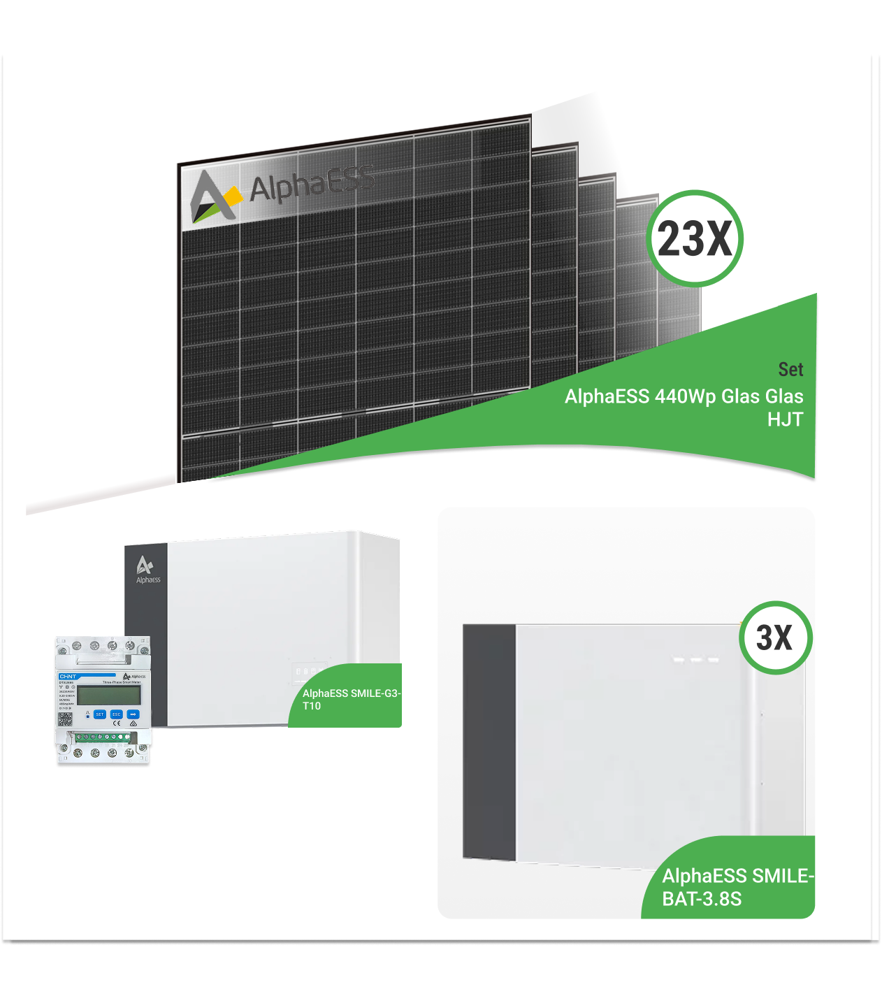 10,12 kWp PV-Komplettset mit 23x AlphaESS 440 W Glas-Glas HJT & AlphaESS SMILE-G3-T10 mit 10,95 kWh Speicher