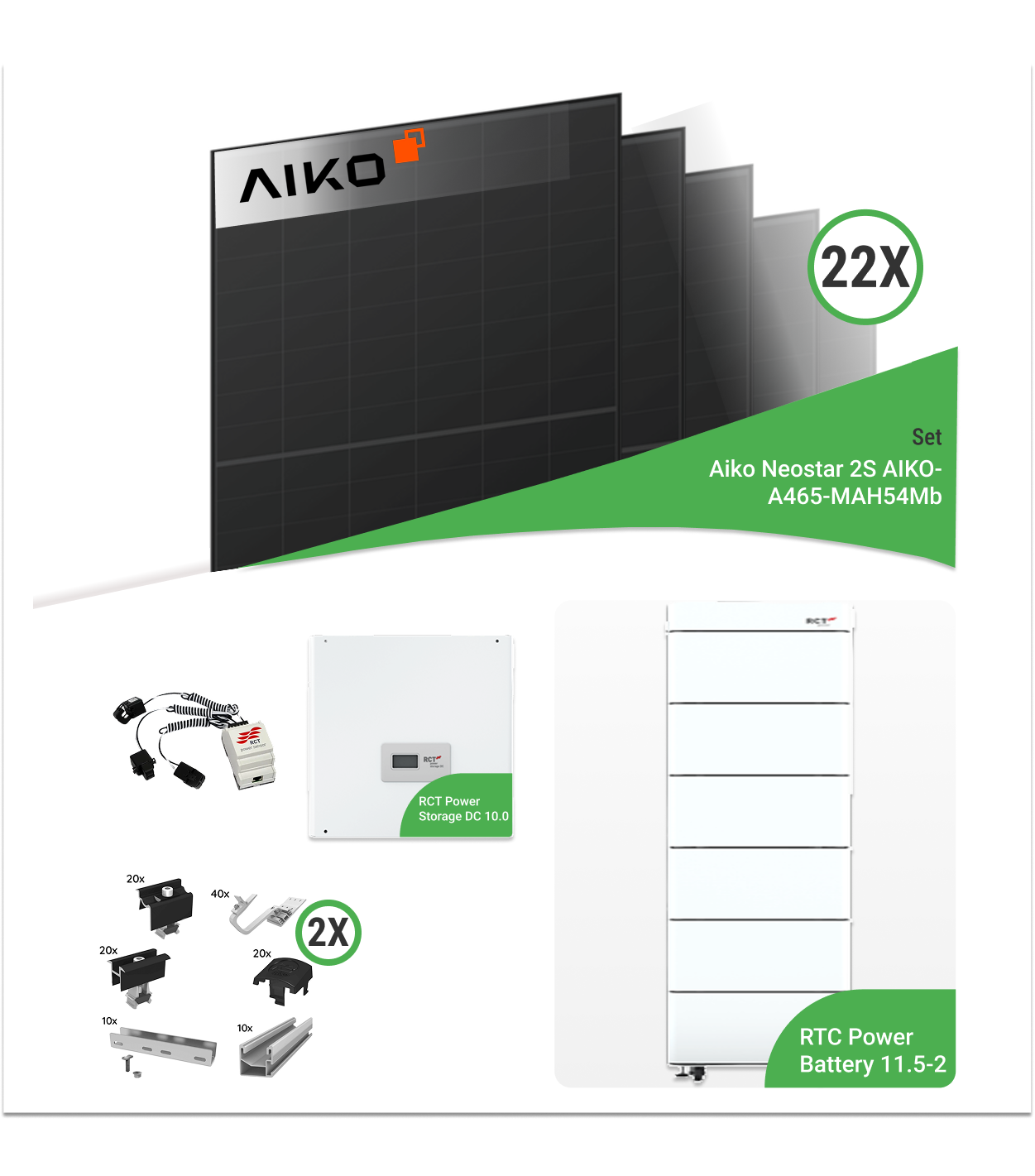10,23 kWp PV-Komplettset mit 22x Aiko 465 W Modulen & RCT Power Speicher – inkl. K2 Unterkonstruktion für Ziegeldächer