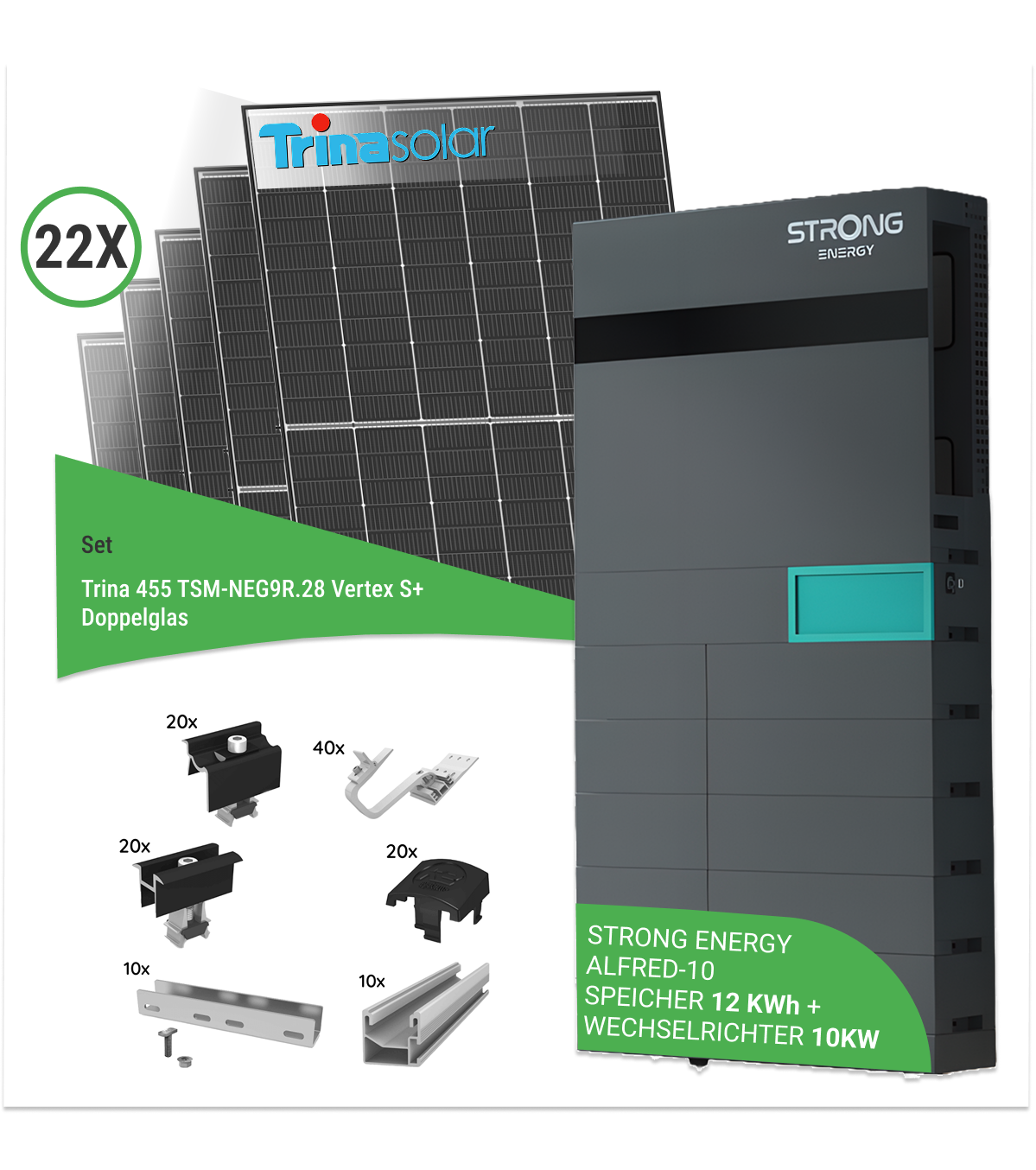 10,01 kWp PV-Komplettset mit 22x Trina 455 Wp TSM-NEG9R.28 Vertex S+ Doppelglas-Solarmodule & STRONG ENERGY ALFRED-10 - inkl. K2 Unterkonstruktion für Ziegeldächer