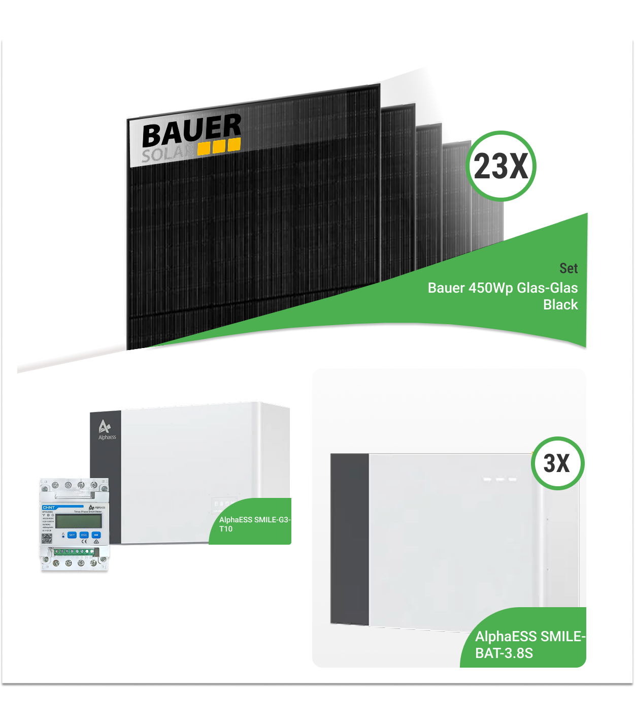 10,35 kWp Photovoltaik-Komplettset mit 23x Bauer 450 Wp bifaziale Glas-Glas Full Black Module und Alpha ESS SMILE-G3-T10 mit 10,95 kWh Speicher