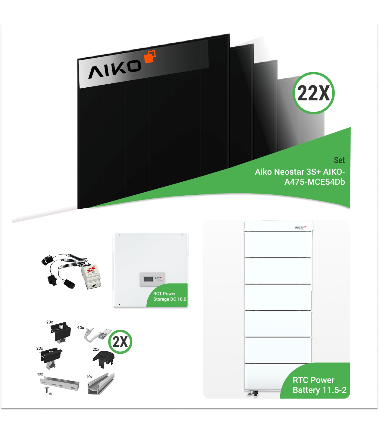 10,45 kWp PV-Komplettset mit 22x Aiko Neostar 3S+ Glas-Glas Modulen & RCT Speicher – inkl. Unterkonstruktion für Ziegeldächer