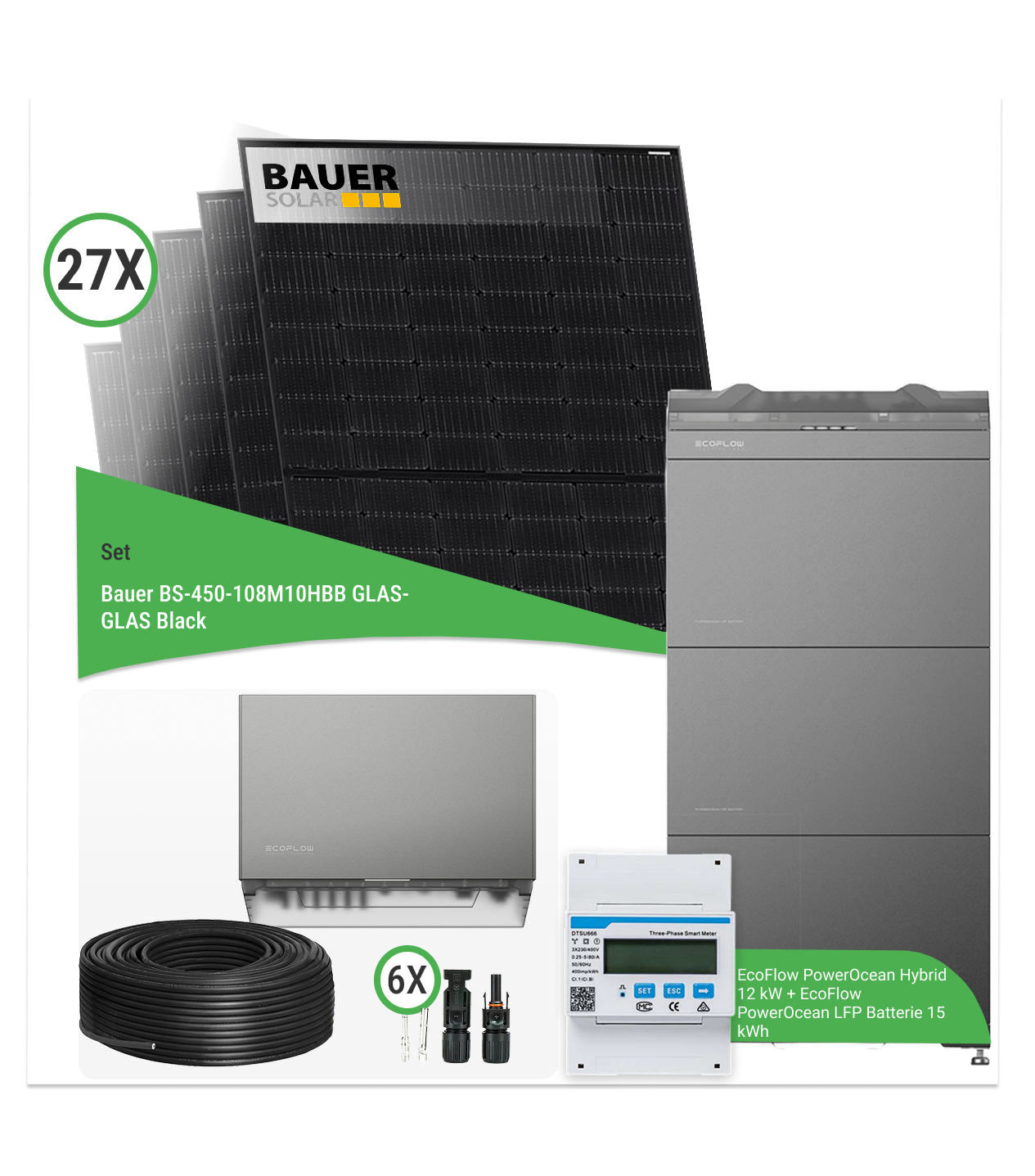12,15 kWp PV-Komplettset mit 27x Bauer BS-450 Glas-Glas & EcoFlow PowerOcean Hybrid 12 kW + 15 kWh Speicher