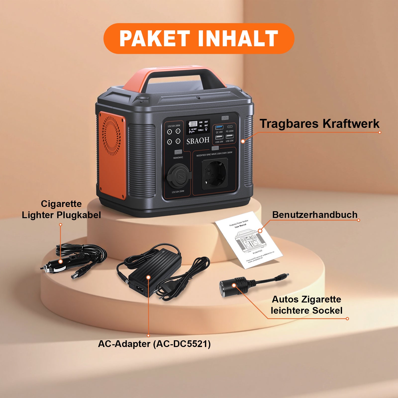 SBAOH Portable Power Station,296 Wh Solar Generator With 300 W Output, Mobile Power Supply For Garden, Travel, Camping, Motorhome, Emergency