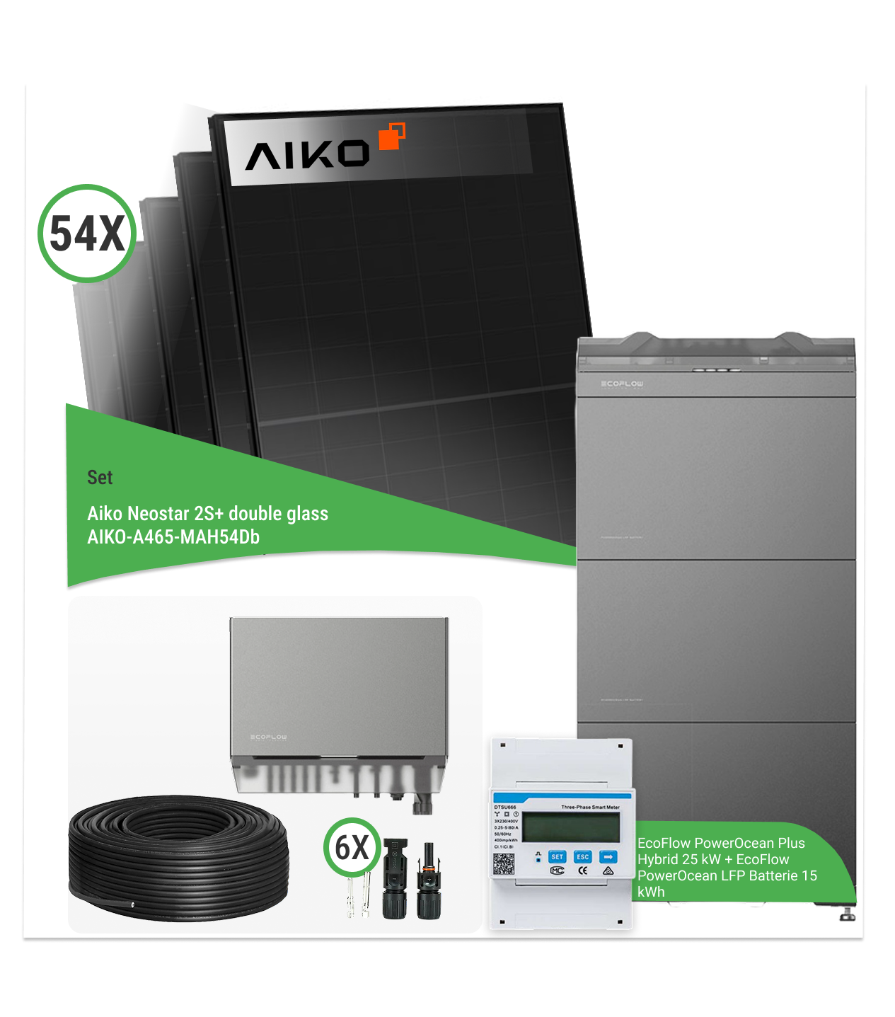 25,11 kWp PV-Komplettset mit 54x Aiko Neostar 2S+ 465 Wp & EcoFlow PowerOcean Plus Hybrid 25 kW mit 15 kWh Speicher