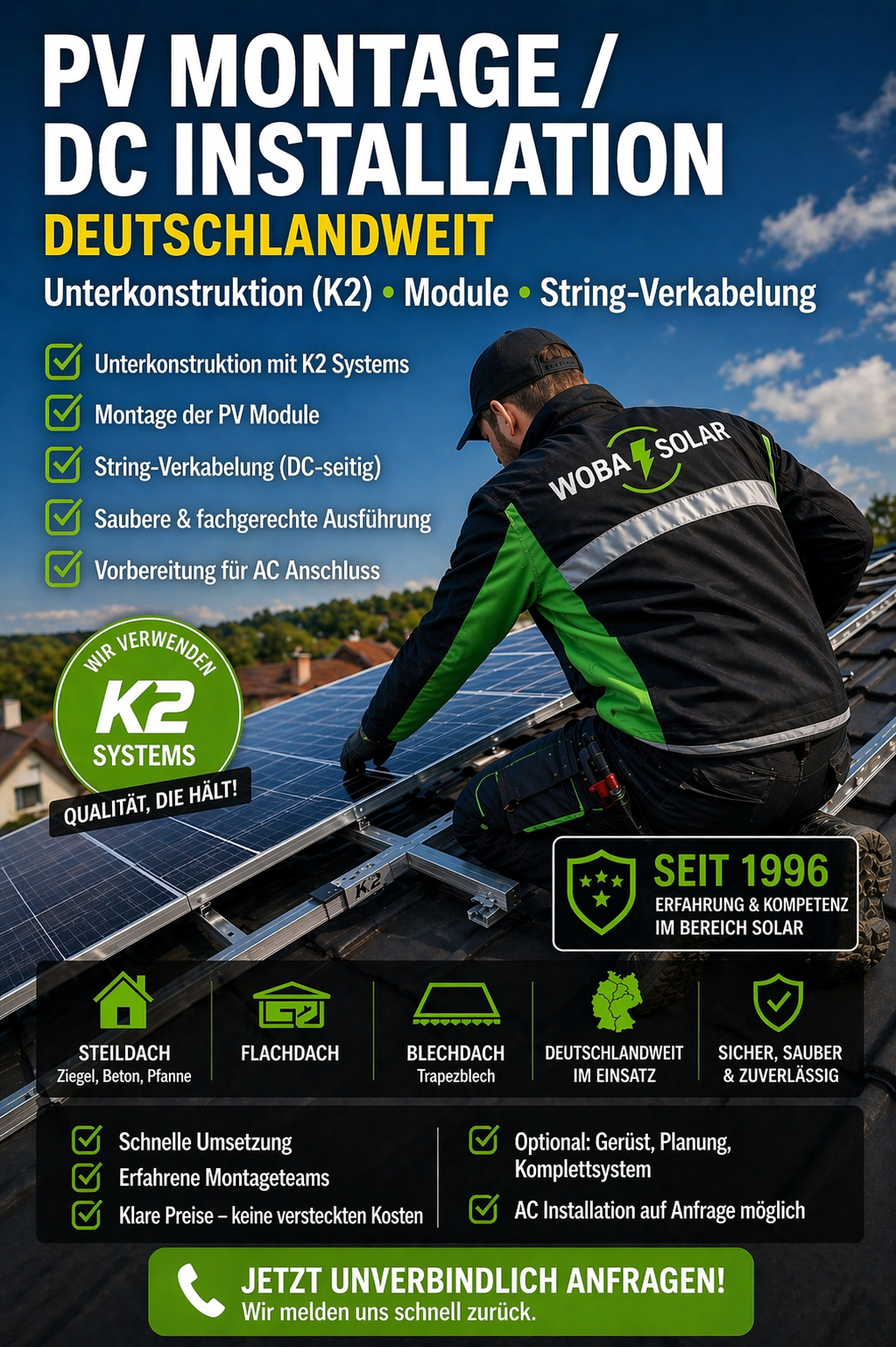 DC Installation Photovoltaik – Unterkonstruktion, Modulmontage & String-Verkabelung deutschlandweit