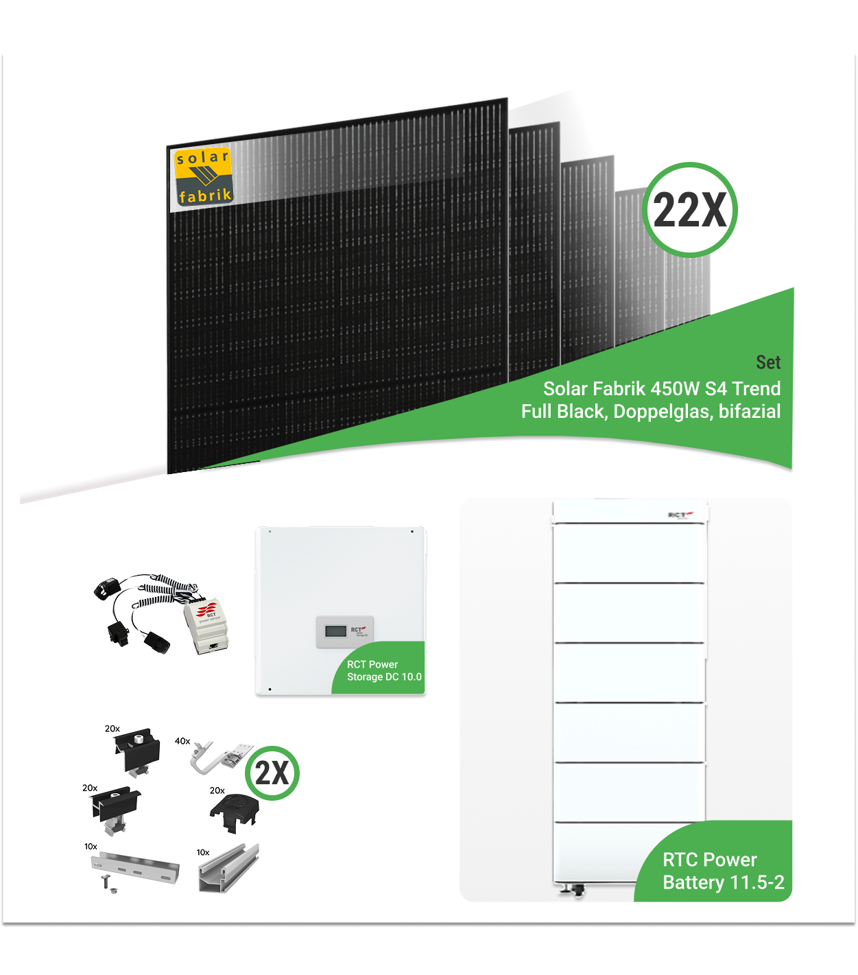 9,90 kWp PV-Komplettset mit 22x Solar Fabrik 450 W S4 Trend bifaziale Full Black Doppelglas-Module & RCT DC 10.0 & 11.5-2 Speicher – inkl. K2 Unterkonstruktion für Ziegeldächer