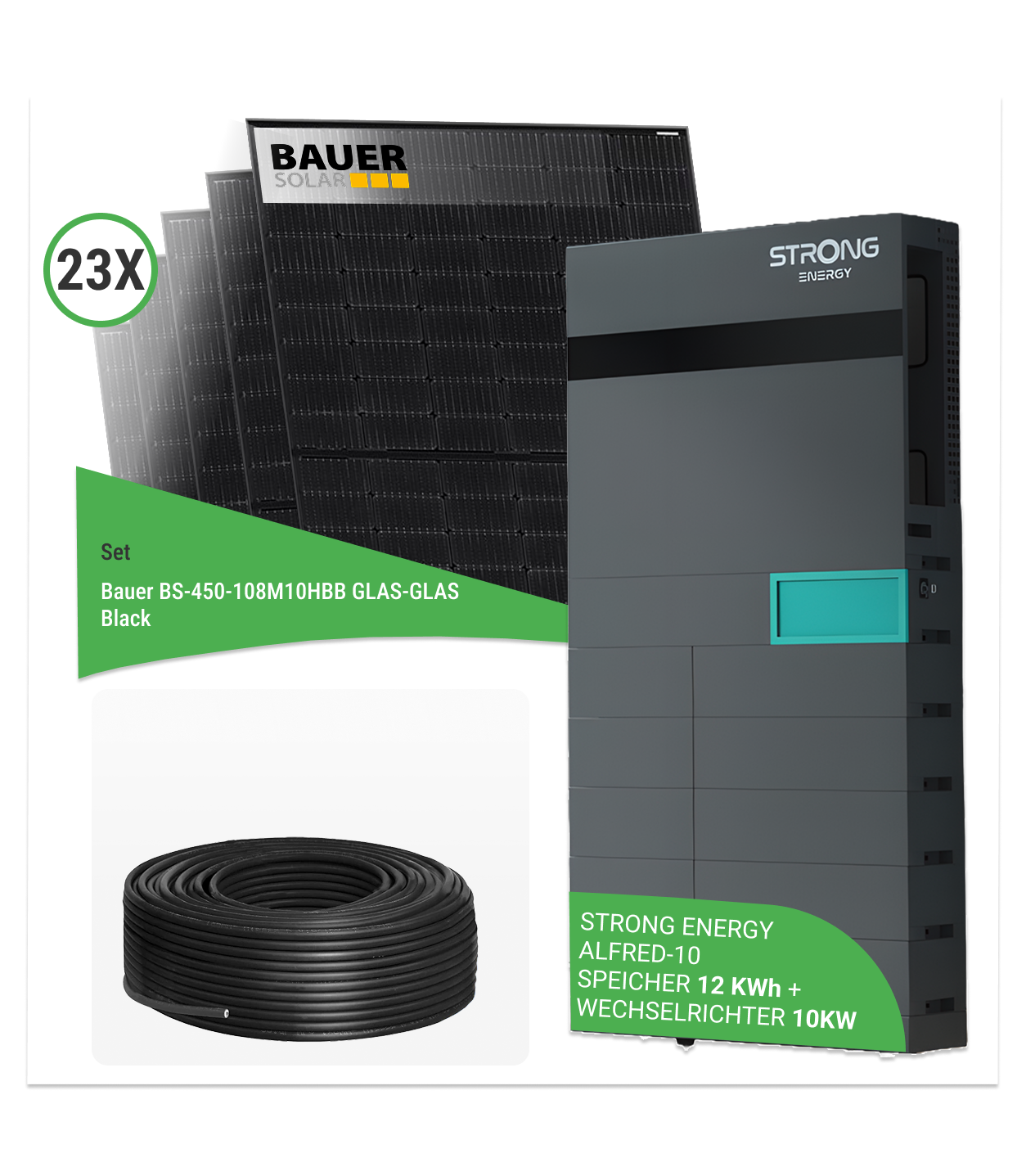 10,35 kWp PV Komplettset – 23x Bauer BS-450-108M10HBB 450W Glas-Glas Black & STRONG ENERGY Alfred All-In-One 12 kWh