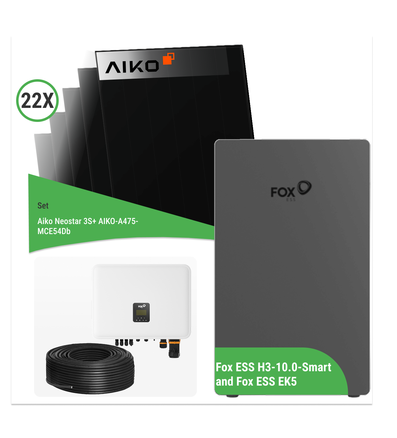 10 kWp PV Komplettset – 22x Aiko Neostar 3S+ AIKO-A475-MCE54Db + Fox ESS H3-10.0-Smart und Fox ESS EK5