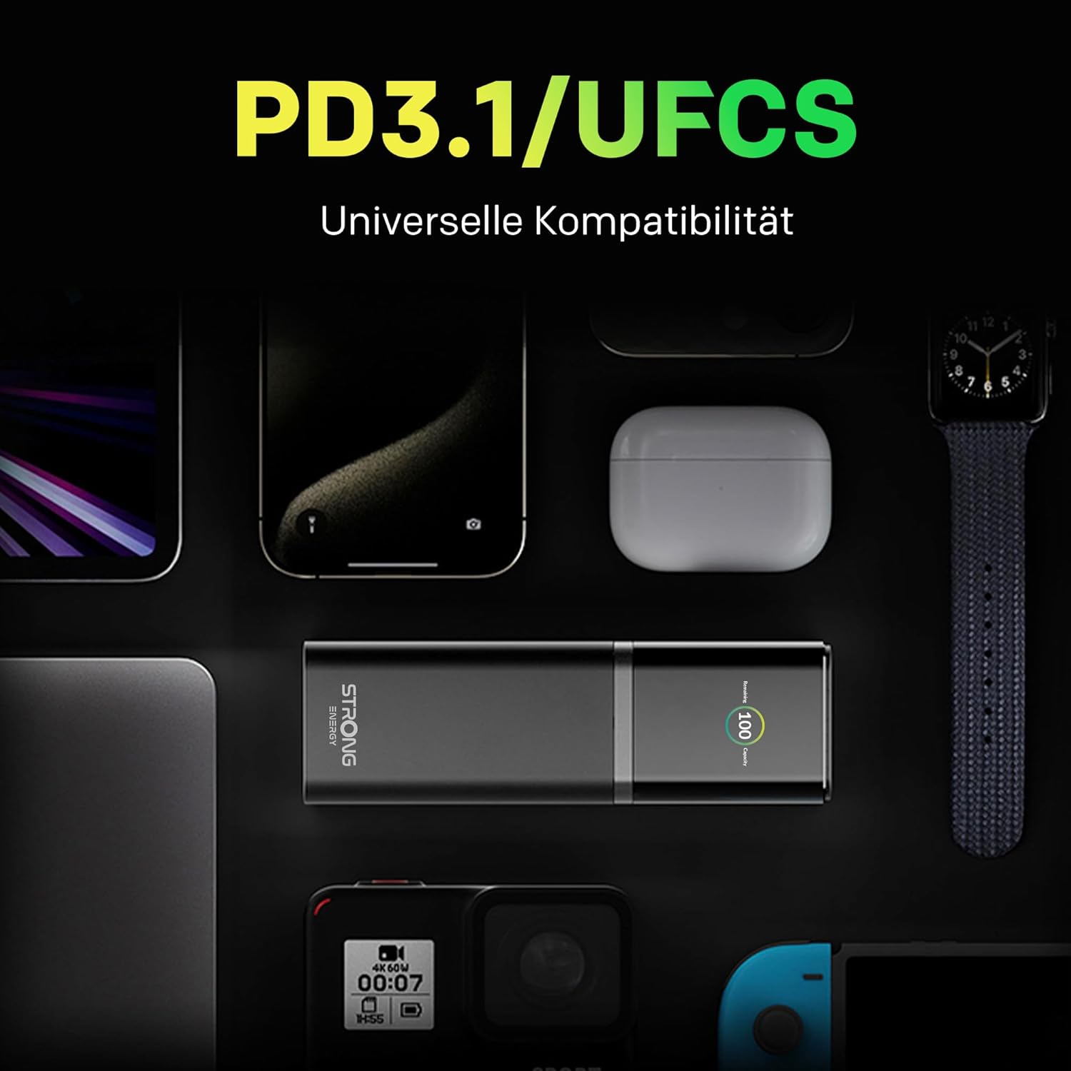 STRONG ENERGY S-19 Tragbare Powerbank mit 12000mAh Kapazität, 176W Schnelllade Funktion -Externer Akku mit 140W USB-C PD 3.1 + UFCS, TFT-Display