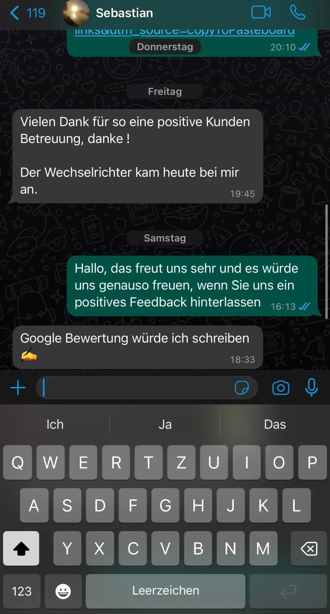 Screenshot eines WhatsApp-Chatverlaufs auf Deutsch.