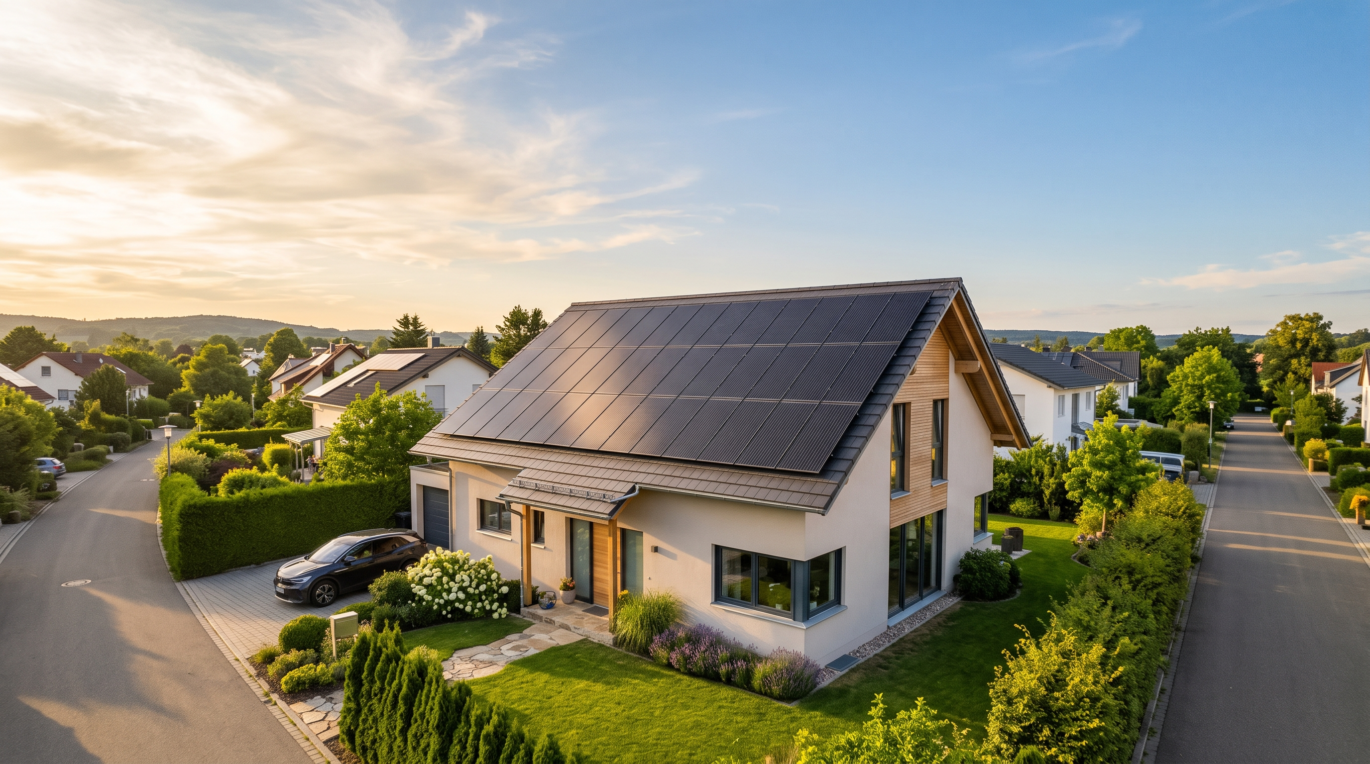 Modernes Einfamilienhaus mit Photovoltaikanlage auf dem Dach bei Abendsonne