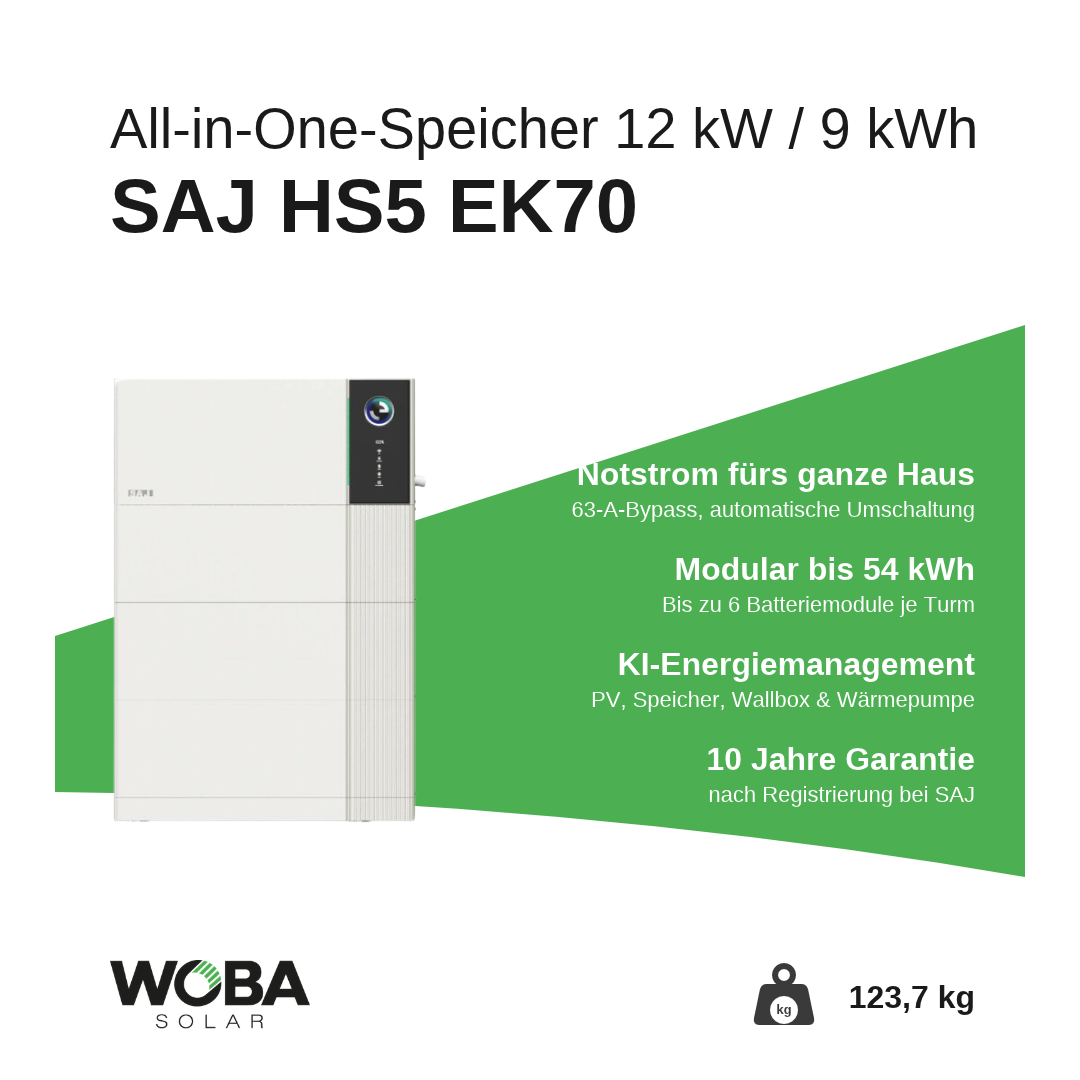 SAJ HS5 EK70 12 kW / 9 kWh – Vorteile: Notstrom, modular bis 54 kWh, KI-Energiemanagement, 10 Jahre Garantie